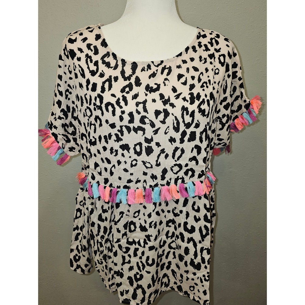 Andree by Unit Leopard Print Tassel Trim Babydoll Top Tan Black Multi Large NWT